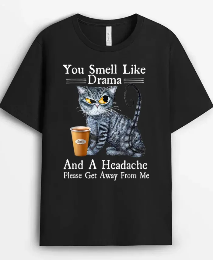 Coffee Cat You Smell Like Drama And A Headache Funny, Funny Cat Lover Gift T-Shirt