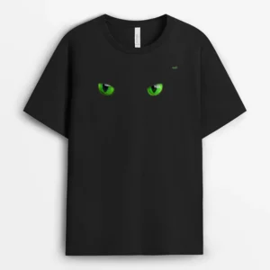 Cool Halloween Cat Faceeyes Green On Black, Funny Cat Lover Gift T-Shirt