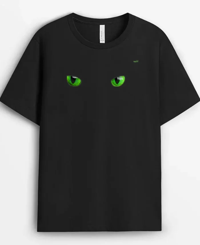 Cool Halloween Cat Faceeyes Green On Black, Funny Cat Lover Gift T-Shirt