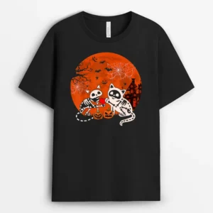 Couple Skeleton Horror Cats Halloween Couple Cat Owner Lover, Funny Cat Lover Gift T-Shirt