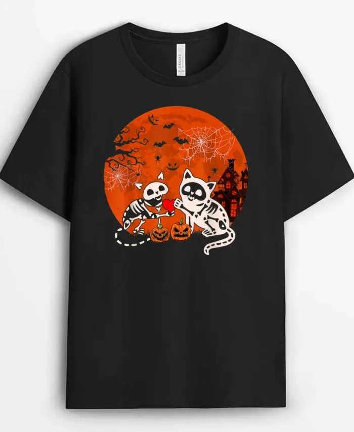 Couple Skeleton Horror Cats Halloween Couple Cat Owner Lover, Funny Cat Lover Gift T-Shirt