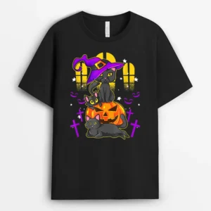 Cute Black Witches Cat For Halloween, Funny Cat Lover Gift T-Shirt