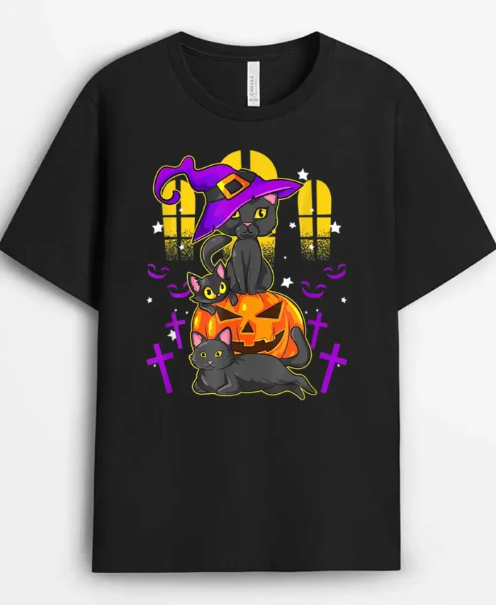 Cute Black Witches Cat For Halloween, Funny Cat Lover Gift T-Shirt