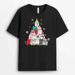 Cute Cat Christmas Tree Lights Snow Xmas Pajama Cat Lover, Funny Cat Lover Gift T-Shirt