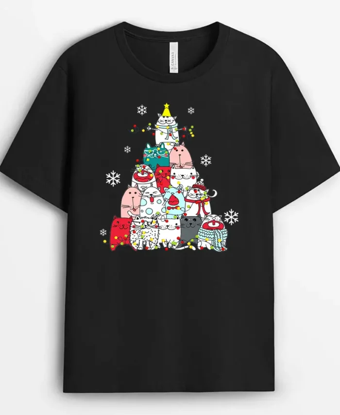 Cute Cat Christmas Tree Lights Snow Xmas Pajama Cat Lover, Funny Cat Lover Gift T-Shirt