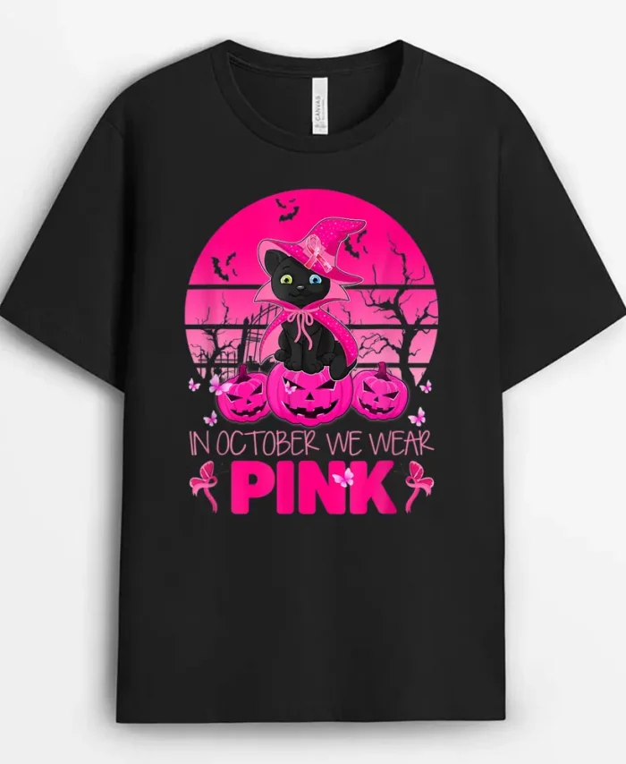 Cute Cat In October We Wear Pink Breast Cancer Awareness, Funny Cat Lover Gift T-Shirt