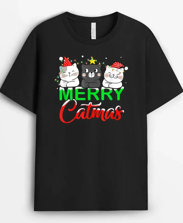 Cute Cat Lover Xmas Lights Santa Merry Catmas Cat Christmas, Funny Cat Lover Gift T-Shirt