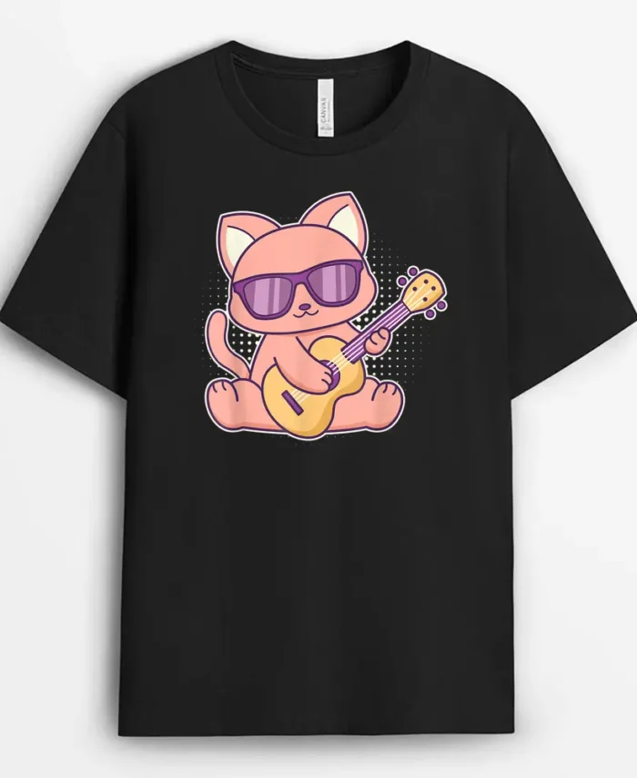 Cute Cat With Sunglasses Playing On A Guitar, Funny Cat Lover Gift T-Shirt