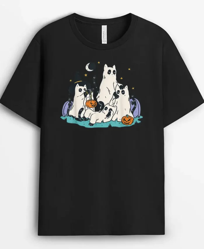 Cute Ghost Cats Cat Ghosts Funny Halloween Outfit Costumes, Funny Cat Lover Gift T-Shirt