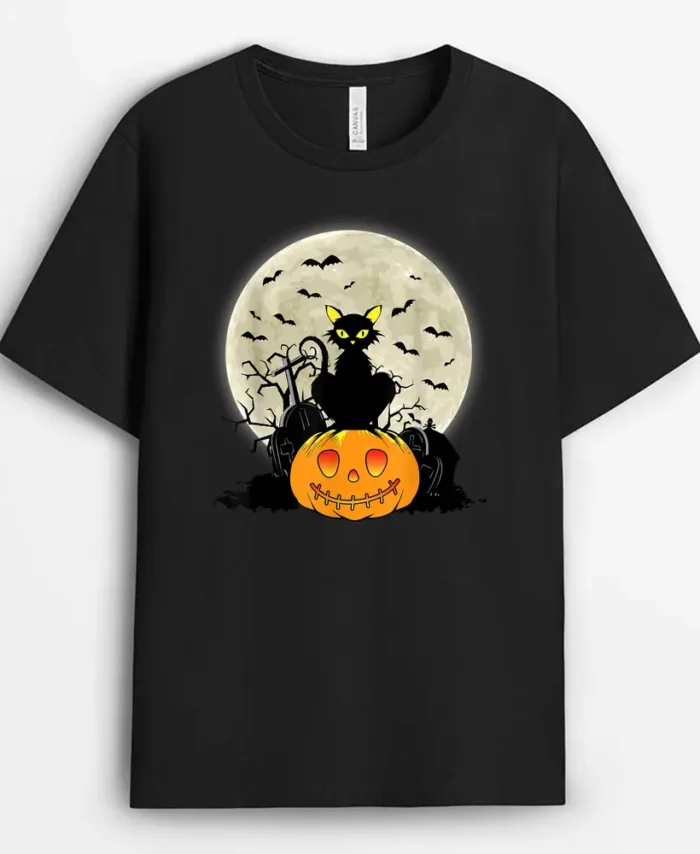 Cute Halloween Black Cat Witch Hat Pumpkin, Funny Cat Lover Gift T-Shirt