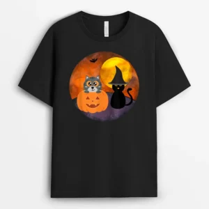 Cute Halloween Cat Scene Witch Pumpkin Bat Full Moon, Funny Cat Lover Gift T-Shirt