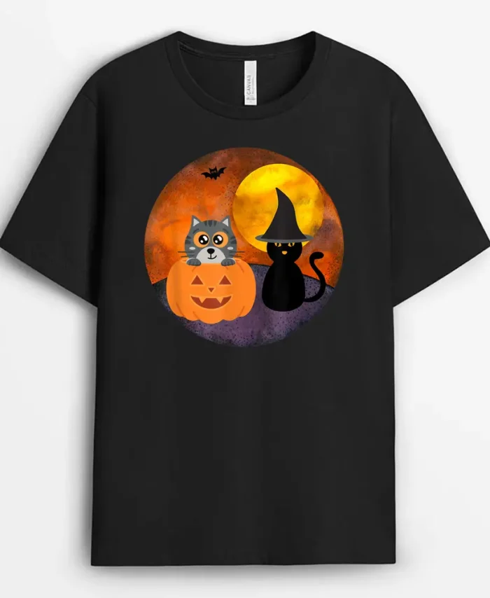 Cute Halloween Cat Scene Witch Pumpkin Bat Full Moon, Funny Cat Lover Gift T-Shirt