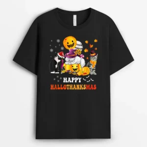 Cute Lazy Cat With Pumpkin Happy Hallowthanksmas, Funny Cat Lover Gift T-Shirt
