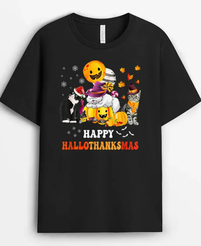 Cute Lazy Cat With Pumpkin Happy Hallowthanksmas, Funny Cat Lover Gift T-Shirt