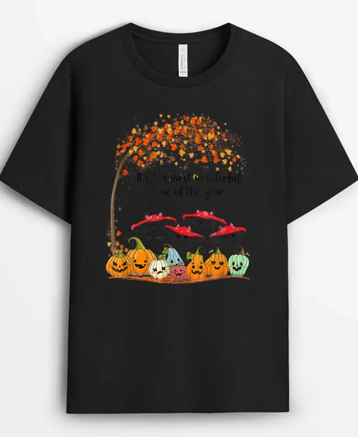 Cute Mushroom Cat Pumpkin Fall Leaves Autumn Cat Lover, Funny Cat Lover Gift T-Shirt