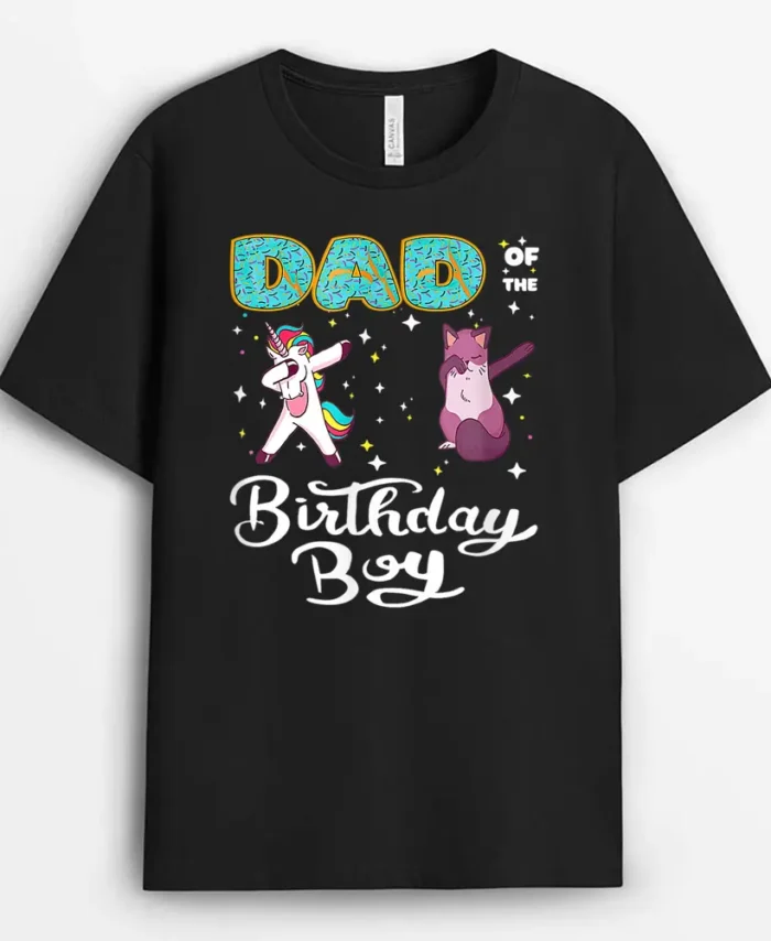 Dad Of He Birthday Boy Donut Dabbing Unicorn Kitten Cat, Funny Cat Lover Gift T-Shirt