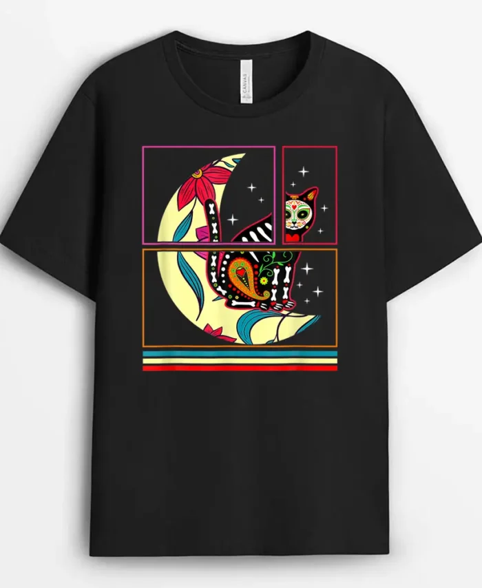 Dia De Los Muertos Cat And Moon Sugar Skull Halloween Party, Funny Cat Lover Gift T-Shirt
