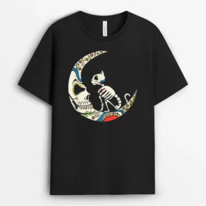 Dia De Los Muertos Crescent Moon And Cat Sugar Skull, Funny Cat Lover Gift T-Shirt