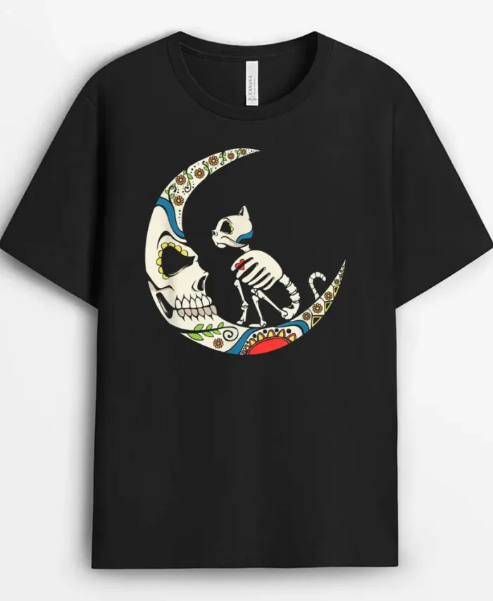 Dia De Los Muertos Crescent Moon And Cat Sugar Skull, Funny Cat Lover Gift T-Shirt