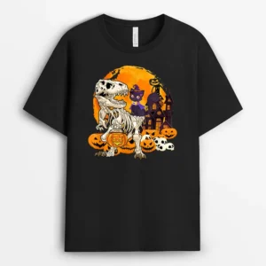 Dinosaur Skeleton Pumpkin With Moon Halloween Cat Witchy, Funny Cat Lover Gift T-Shirt