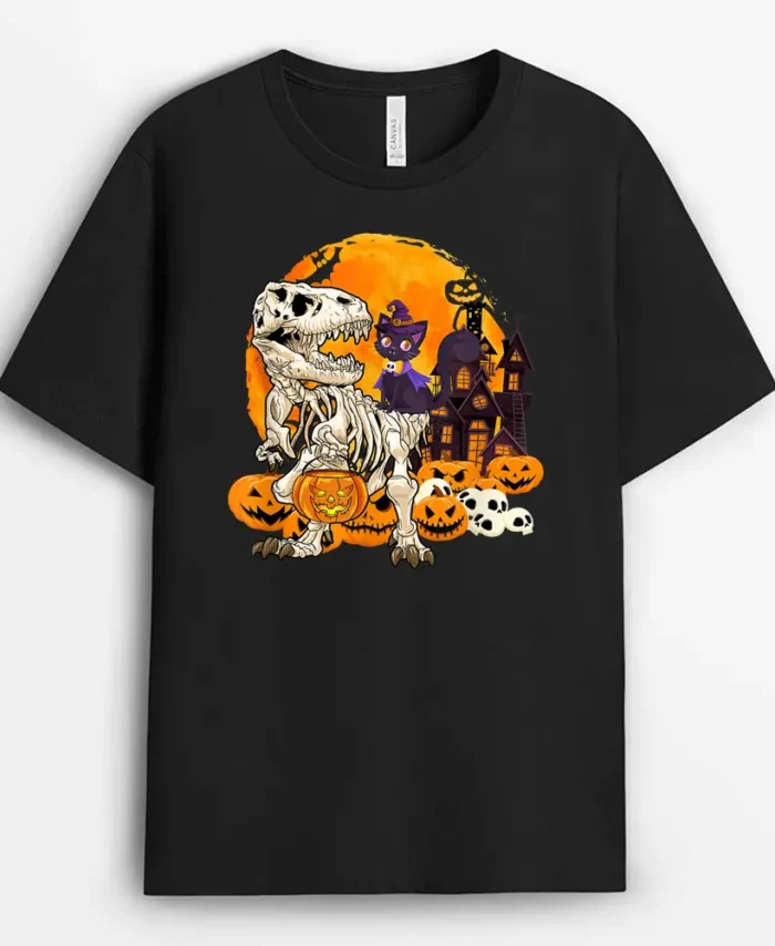 Dinosaur Skeleton Pumpkin With Moon Halloween Cat Witchy, Funny Cat Lover Gift T-Shirt
