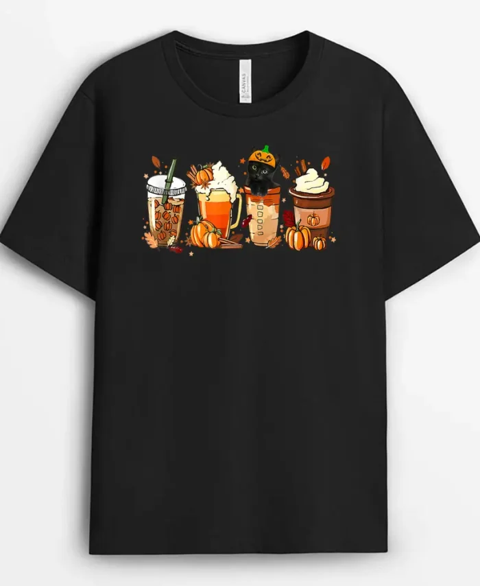 Fall Coffee Pumpkin Spice Latte Iced Autumn Black Cat, Funny Cat Lover Gift T-Shirt