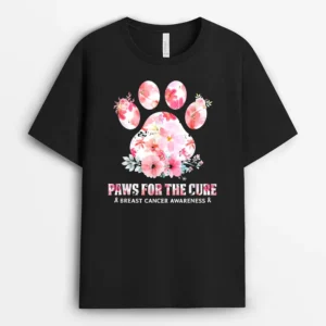 Floral Paws For He Cure Dog Cat Breast Cancer Awareness, Funny Cat Lover Gift T-Shirt