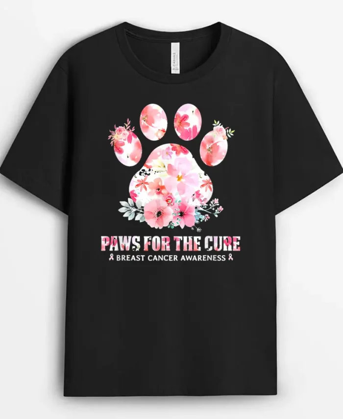 Floral Paws For He Cure Dog Cat Breast Cancer Awareness, Funny Cat Lover Gift T-Shirt