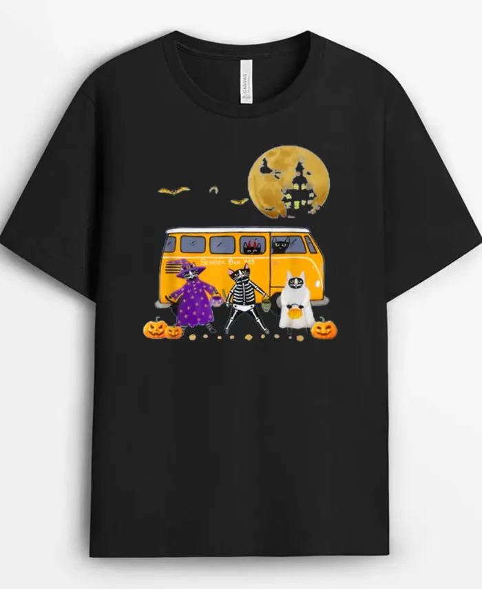 Funny Black Cat Halloween School Bus First Day Of School, Funny Cat Lover Gift T-Shirt