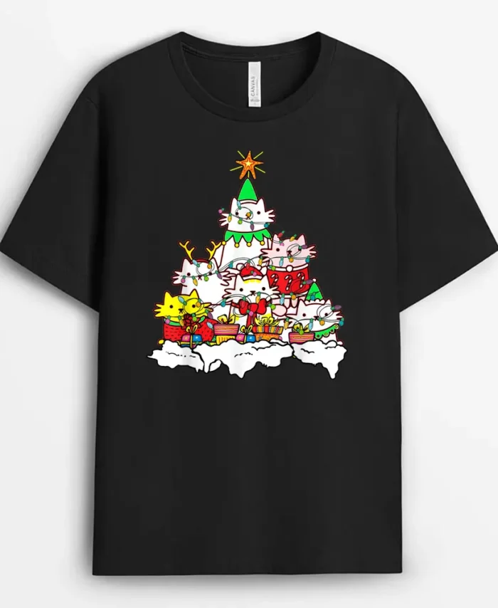 Funny Cat Christmas Tree Lights Costume Matching Pajama Gift, Funny Cat Lover Gift T-Shirt