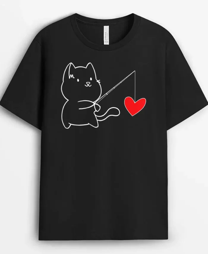Funny Cat Fishing Heart Valentines Day, Funny Cat Lover Gift T-Shirt