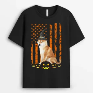 Shiba Inu Dog Pumpkin American Flag Vintage Halloween Witch, Funny Dog Lover Gift T-Shirt
