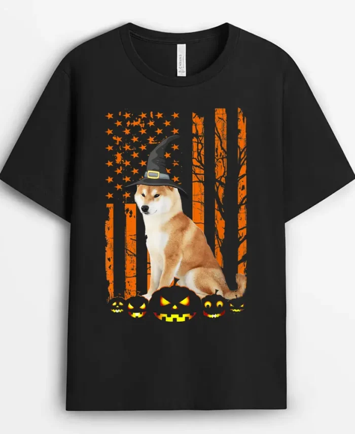 Shiba Inu Dog Pumpkin American Flag Vintage Halloween Witch, Funny Dog Lover Gift T-Shirt