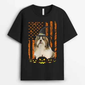 Shih Tzu Dog Pumpkin American Flag Vintage Halloween Witch, Funny Dog Lover Gift T-Shirt