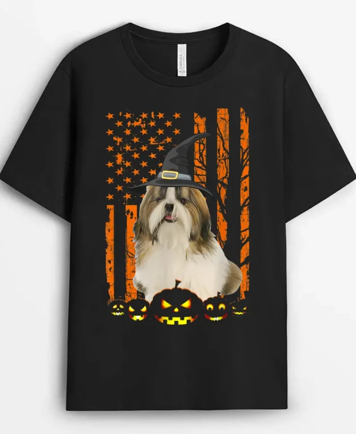Shih Tzu Dog Pumpkin American Flag Vintage Halloween Witch, Funny Dog Lover Gift T-Shirt