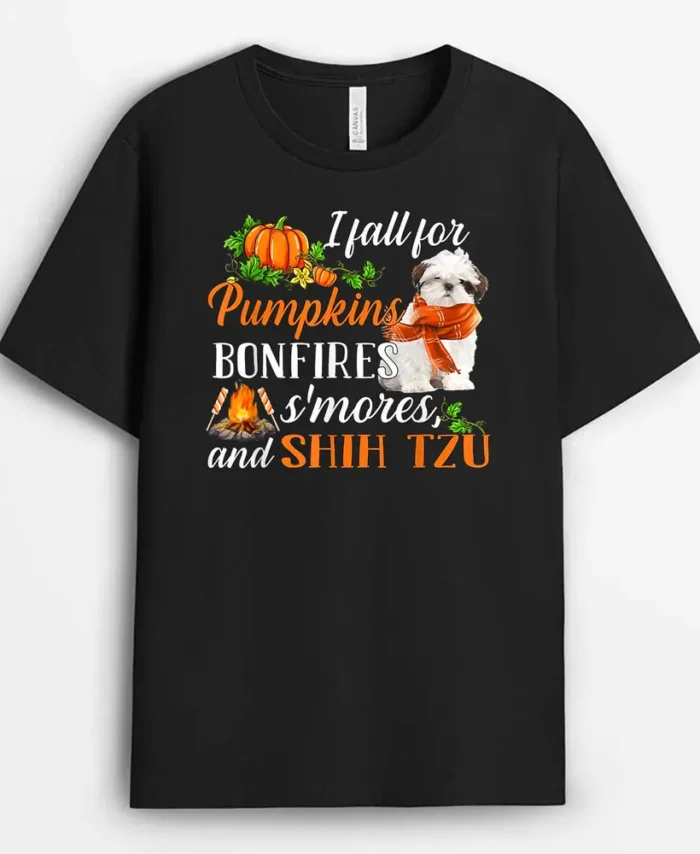 Shih Tzu I Fall For Pumpkins Bonfires Smores And Dogs Fall, Funny Dog Lover Gift T-Shirt