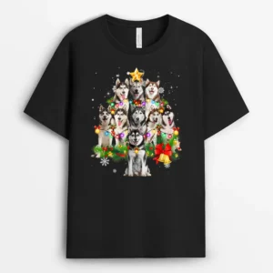 Siberian Husky Christmas Tree Dog Lights Pajamas Xmas Gift, Funny Dog Lover Gift T-Shirt