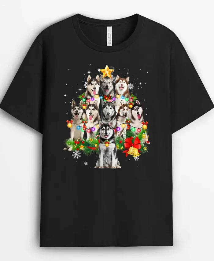 Siberian Husky Christmas Tree Dog Lights Pajamas Xmas Gift, Funny Dog Lover Gift T-Shirt