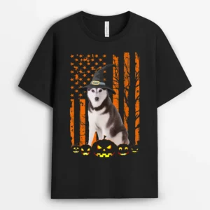 Siberian Husky Dog Pumpkin American Flag Witch Halloween, Funny Dog Lover Gift T-Shirt