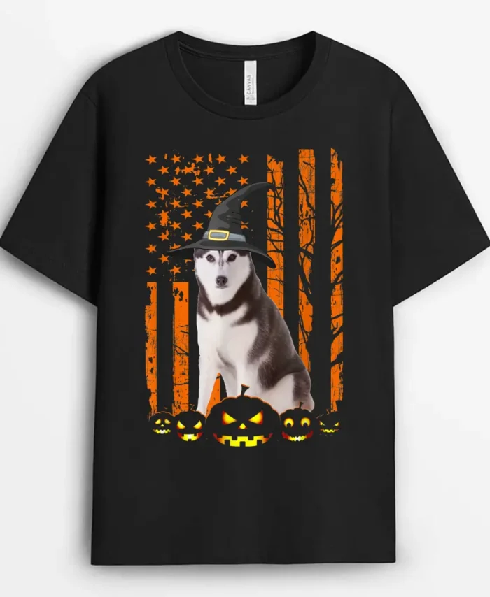 Siberian Husky Dog Pumpkin American Flag Witch Halloween, Funny Dog Lover Gift T-Shirt