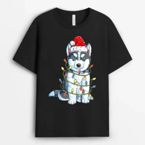 Siberian Husky Santa Christmas Tree Lights Xmas Boys Dog, Funny Dog Lover Gift T-Shirt