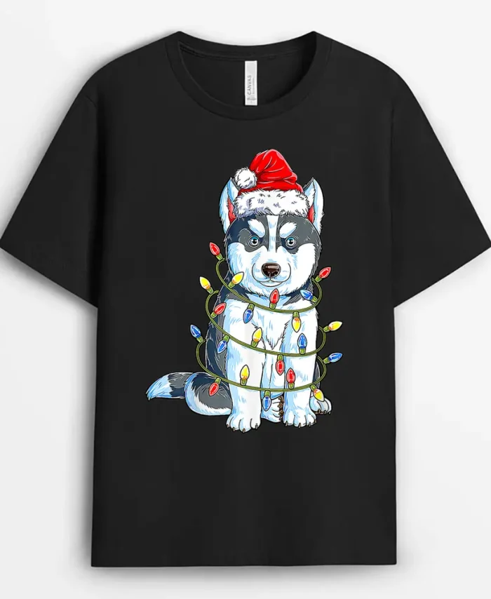 Siberian Husky Santa Christmas Tree Lights Xmas Boys Dog, Funny Dog Lover Gift T-Shirt