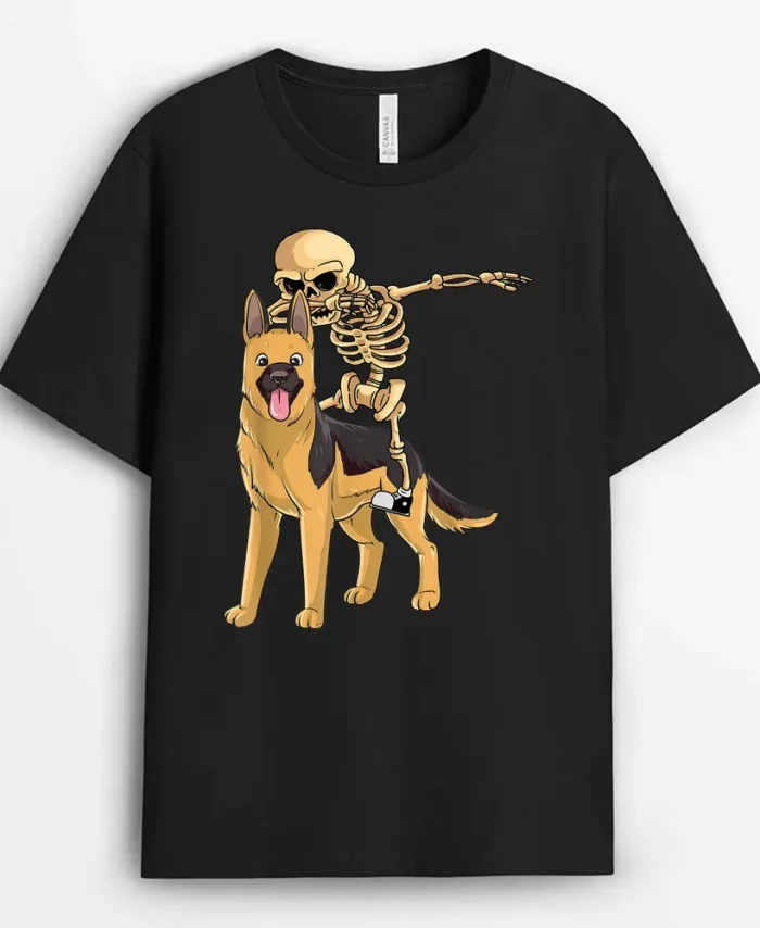 Skeleton Riding German Shepherd Lazy Halloween Costume Dog, Funny Dog Lover Gift T-Shirt