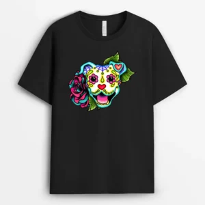 Smiling Pitbull In White Day Of The Dead Sugar Skull Dog, Funny Dog Lover Gift T-Shirt