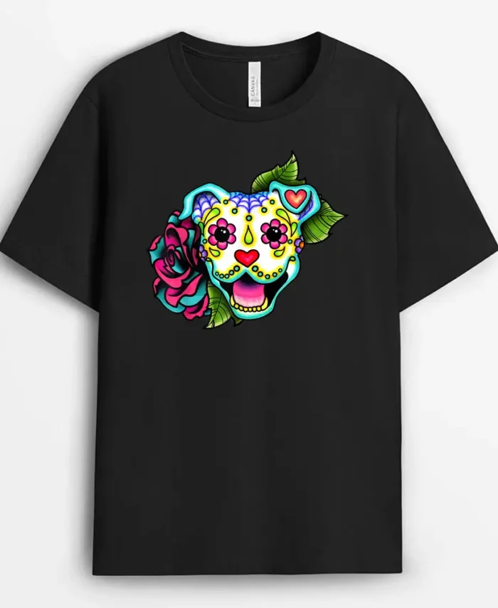 Smiling Pitbull In White Day Of The Dead Sugar Skull Dog, Funny Dog Lover Gift T-Shirt