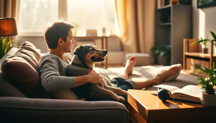 A person and their pet enjoying an audiobook in a sunny, cozy living room.