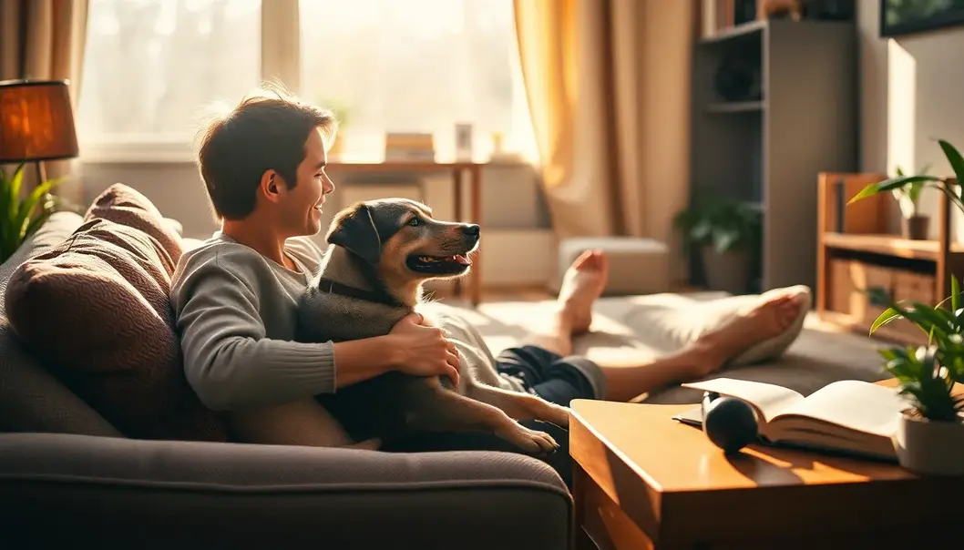 A person and their pet enjoying an audiobook in a sunny, cozy living room.