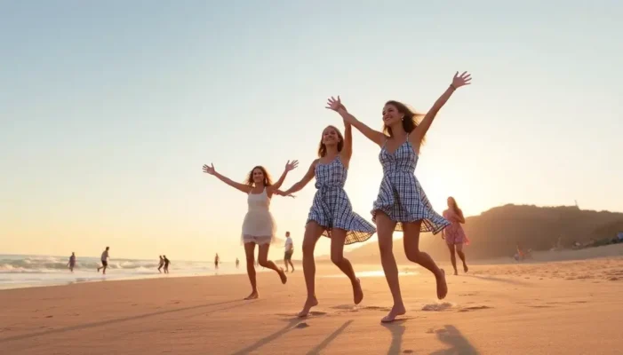 People in stylish beach outfits playing under the sunrise.
