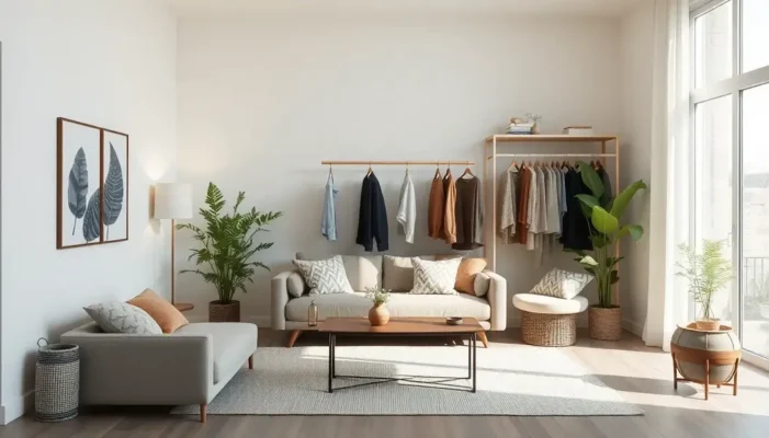 A minimalist room displaying sustainable fashion pieces in a calming environment.