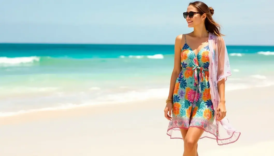 A vibrant sundress and cover-up for beachside chic.